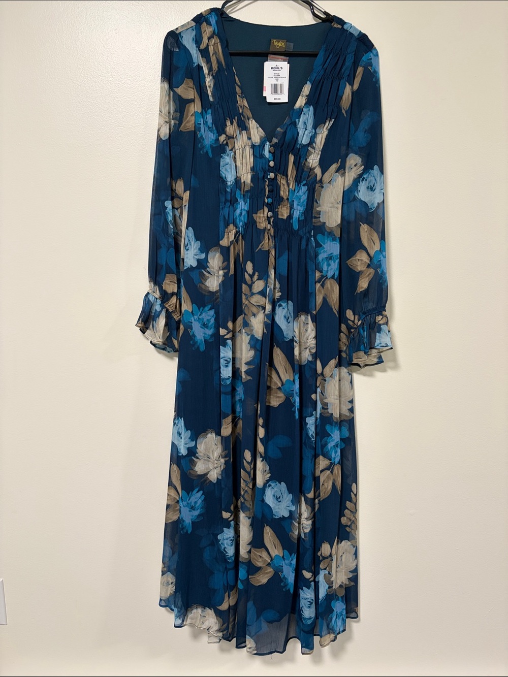 Taylor Navy Floral Long Sleeve Midi Dress - Blue & Tan